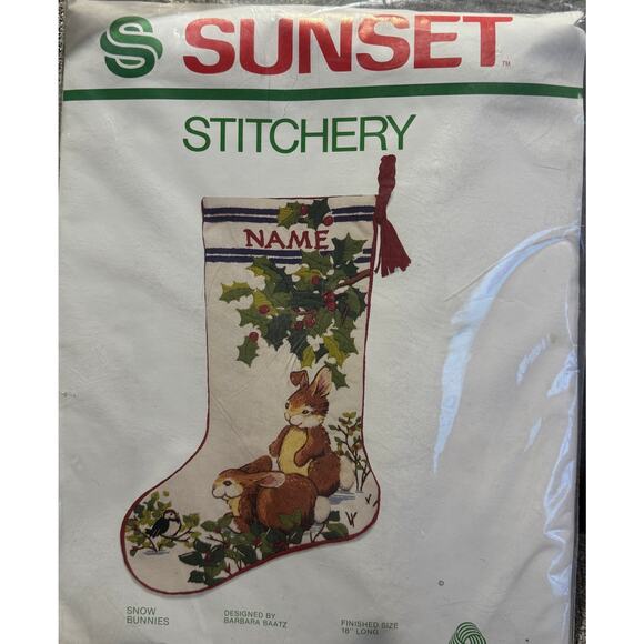 NEW Vintage Sunset Stitchery Christmas Stocking Snow Bunnies crewel needlepoint - Picture 1 of 5